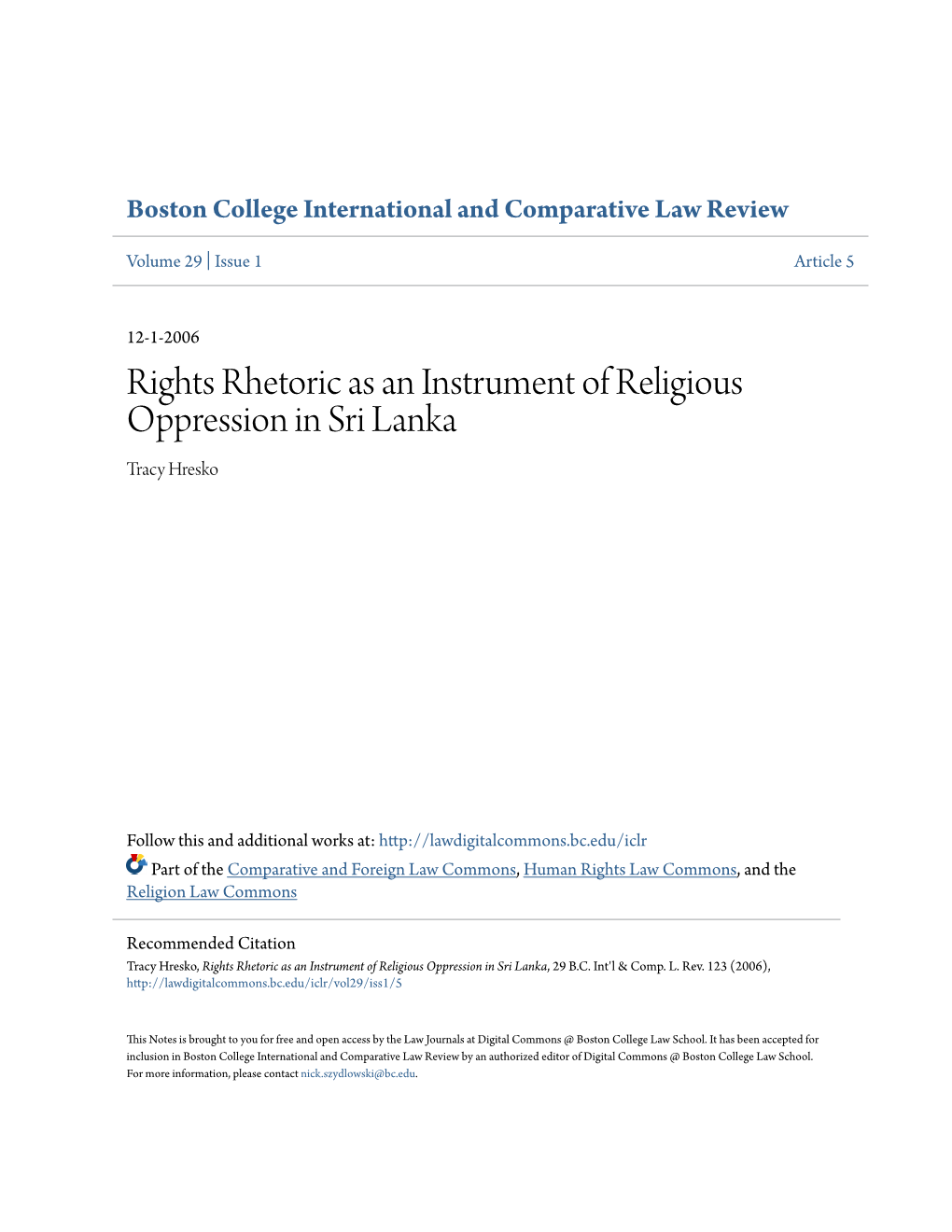 Rights Rhetoric As an Instrument of Religious Oppression in Sri Lanka Tracy Hresko