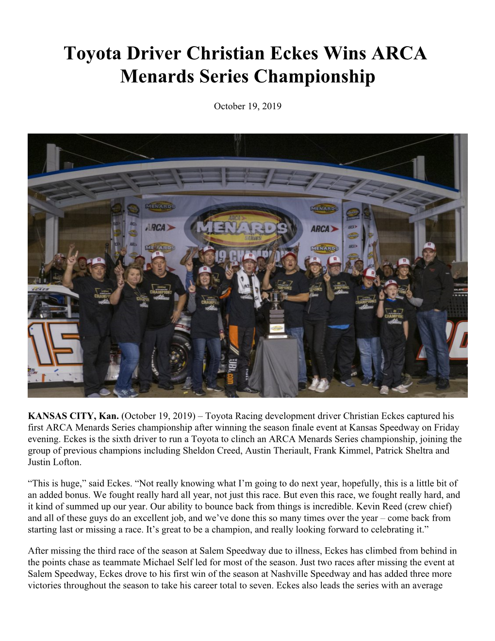 Toyota Driver Christian Eckes Wins ARCA Menards Series Championship