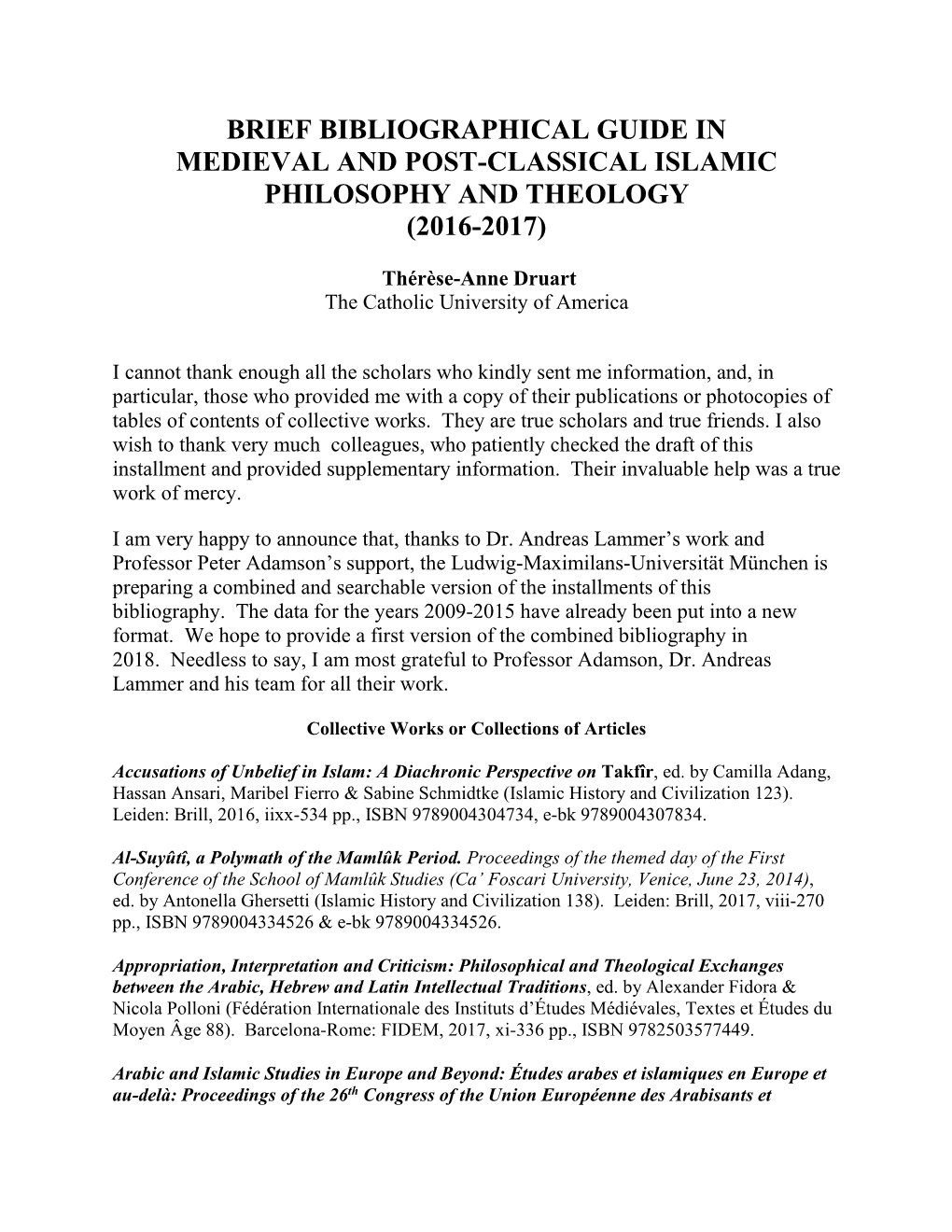 Brief Bibliographic Guide in Medieval and Post-Classical Islamic Philosophy and Theology (2016-2017)