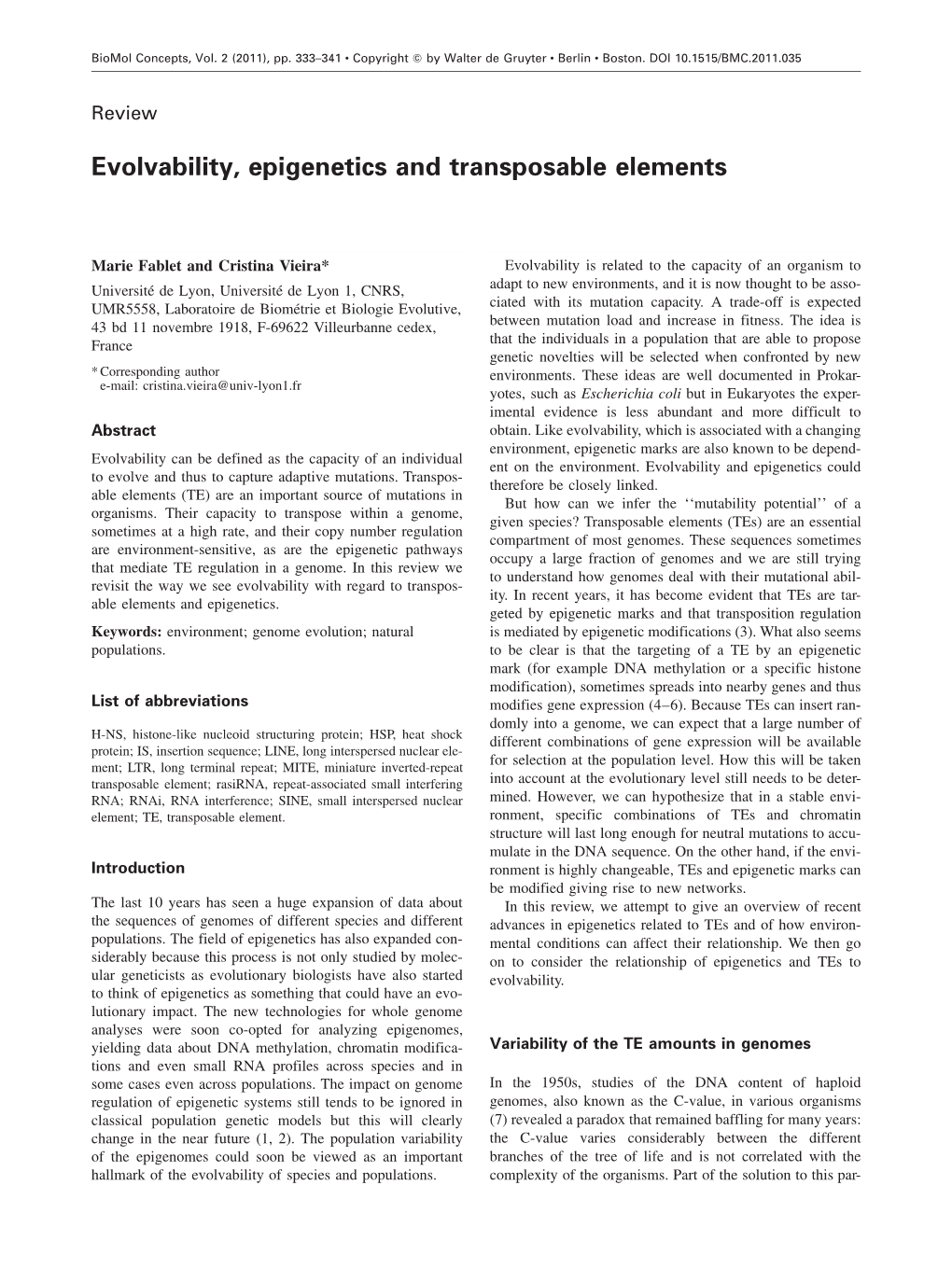 Evolvability, Epigenetics and Transposable Elements