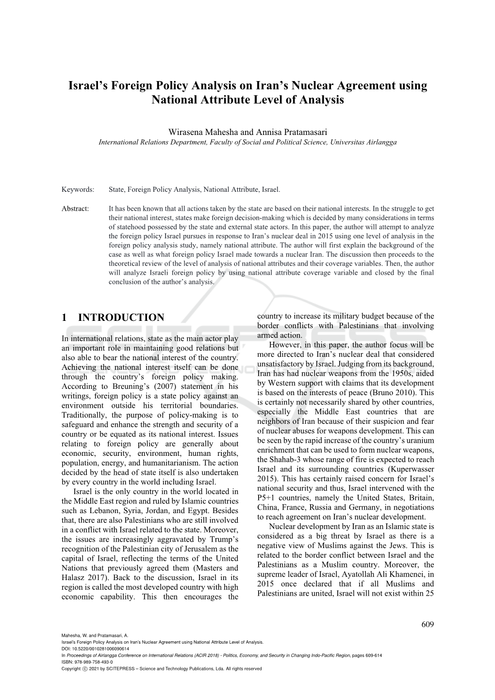 Israel's Foreign Policy Analysis on Iran's Nuclear Agreement Using