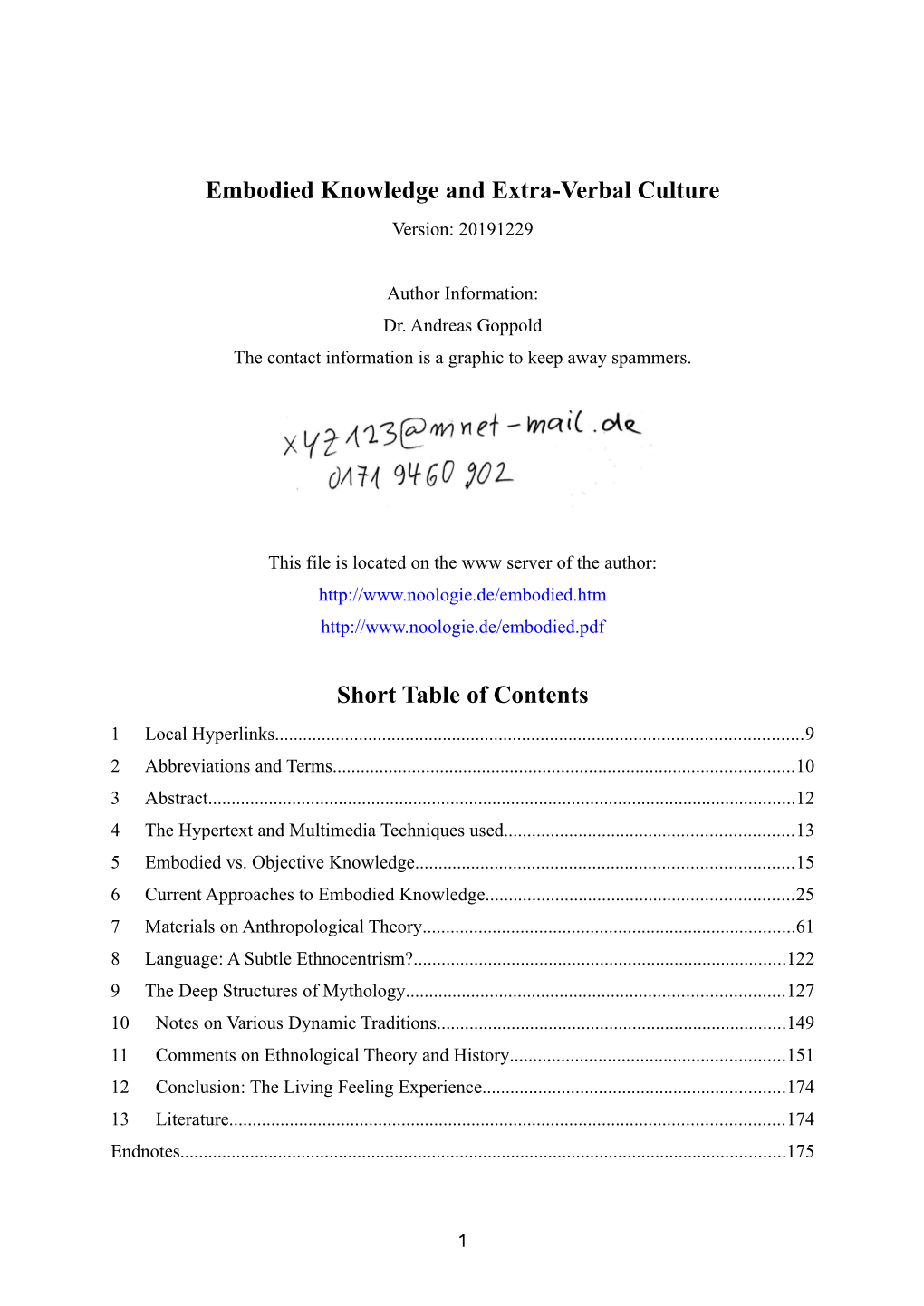 Embodied Knowledge and Extra-Verbal Culture Short Table Of