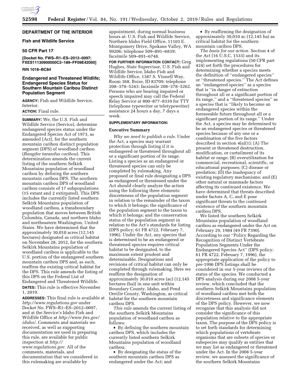 Federal Register/Vol. 84, No. 191/Wednesday, October 2, 2019