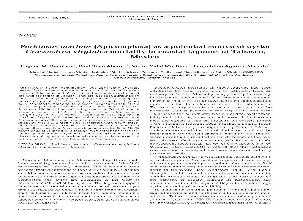 Perkinsus Marinus (Apicomplexa) As a Potential Source of Oyster Crassostrea Virginica Mortality in Coastal Lagoons of Tabasco, Mexico