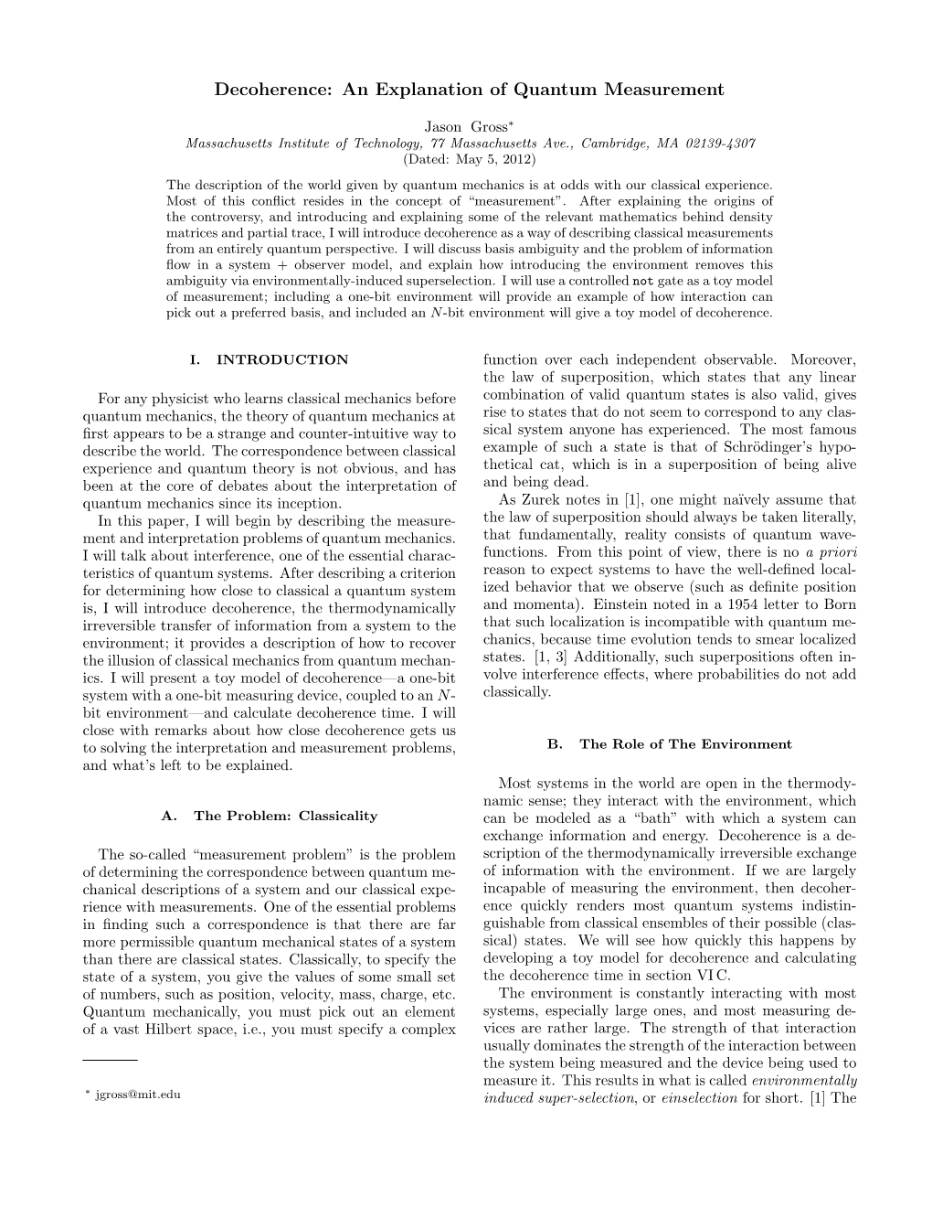 Decoherence: an Explanation of Quantum Measurement