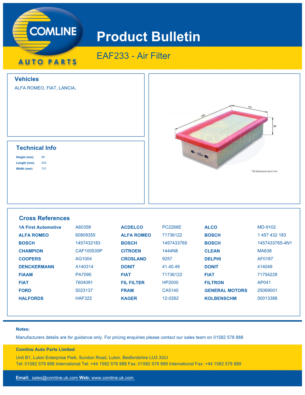 Product Bulletin EAF233 - Air Filter