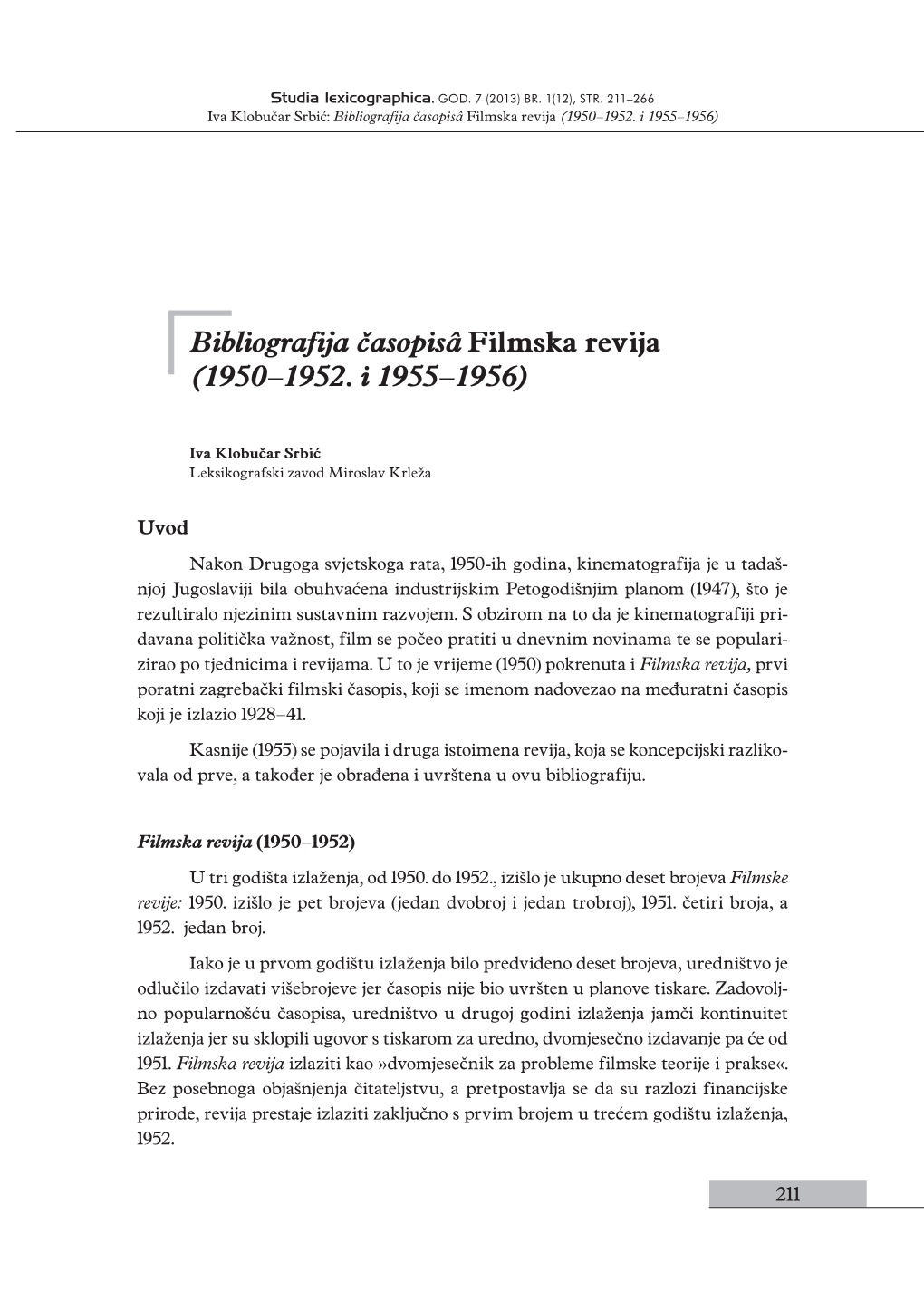 Bibliografija Časopisâ Filmska Revija (1950–1952. I 1955–1956)