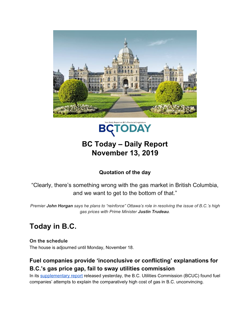 Daily Report November 13, 2019 Today in BC