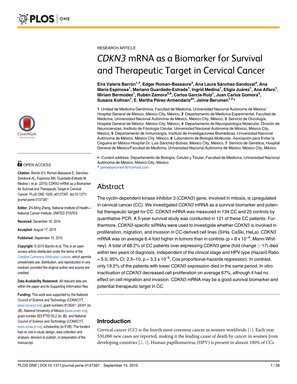 CDKN3 Mrna As a Biomarker for Survival and Therapeutic Target in Cervical Cancer