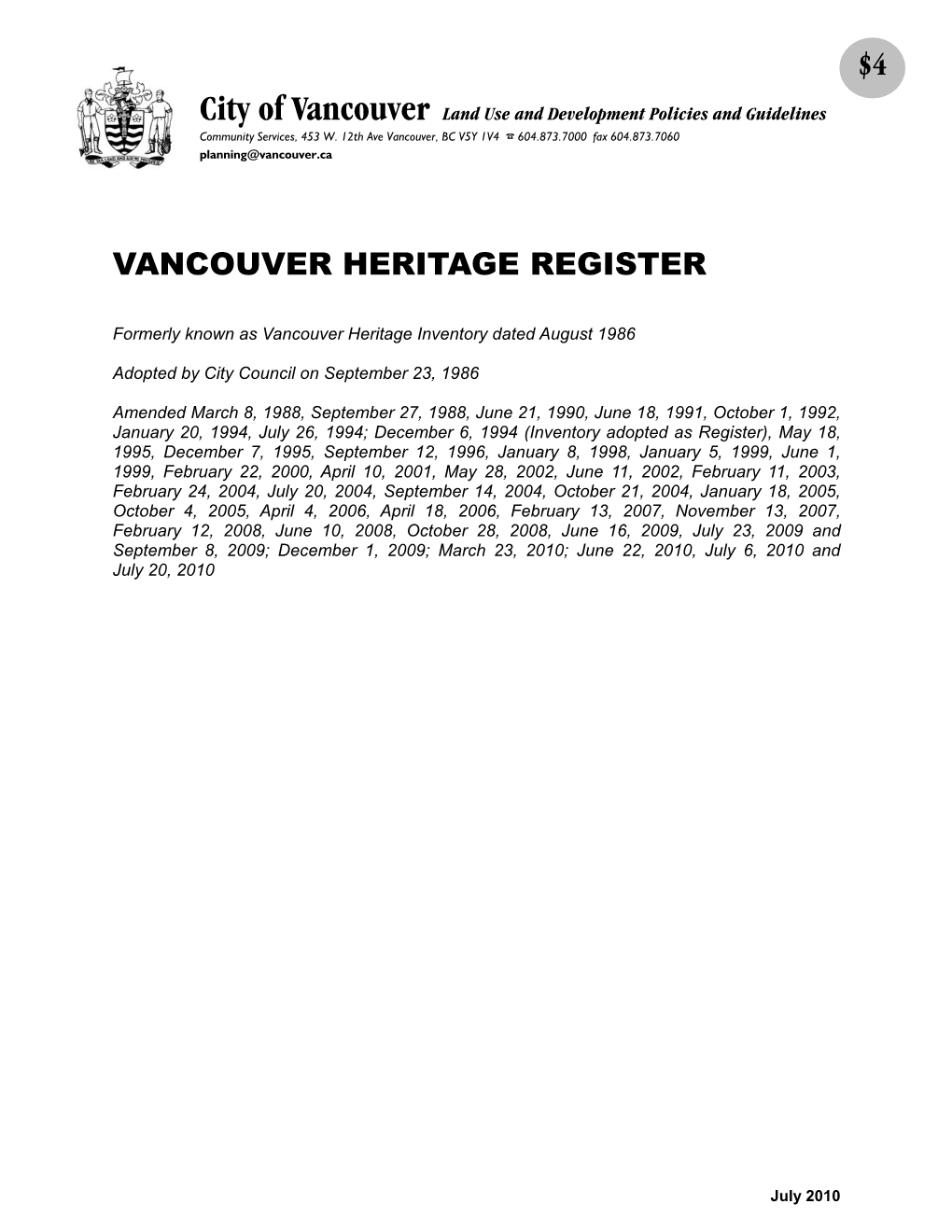 Vancouver Heritage Register