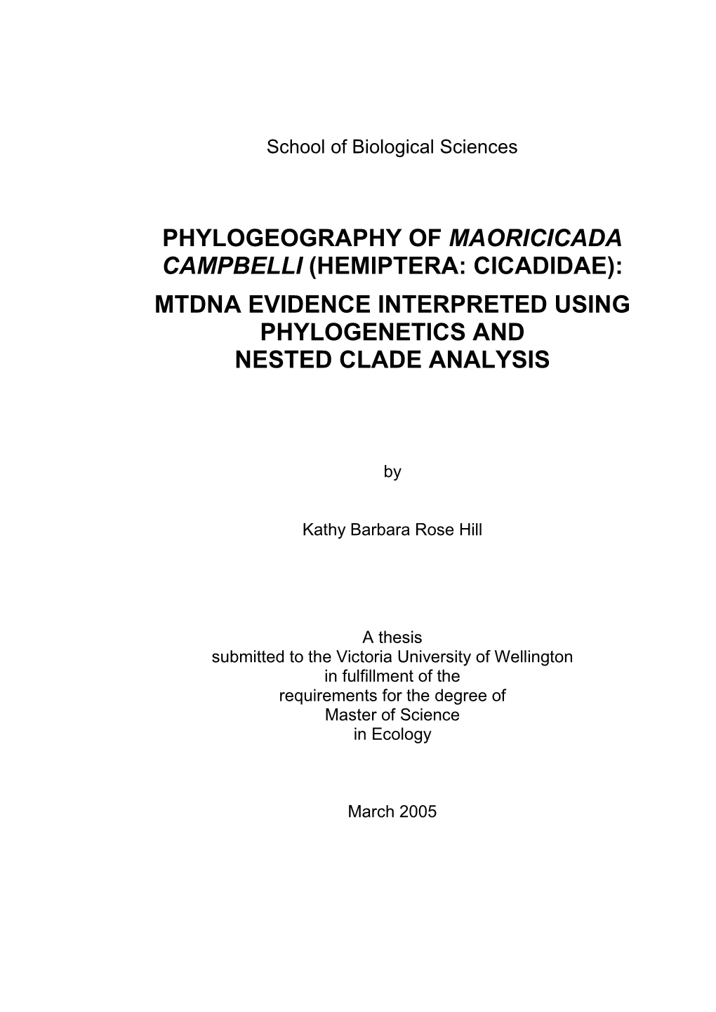 Phylogeography of Maoricicada Campbelli (Hemiptera: Cicadidae)