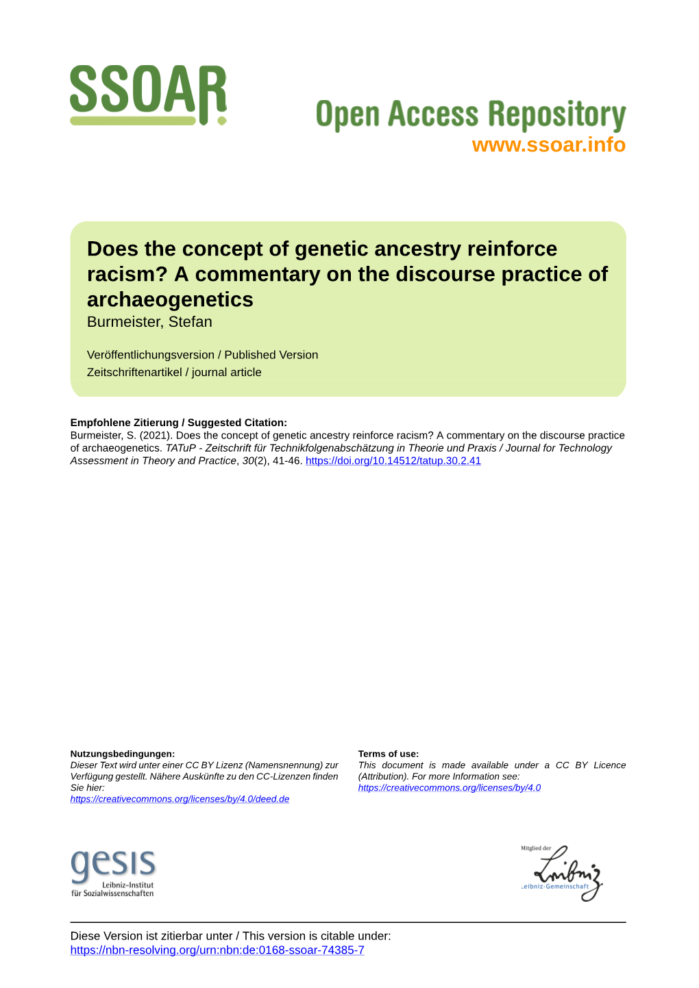 Does the Concept of Genetic Ancestry Reinforce Racism? a Commentary on the Discourse Practice of Archaeogenetics Burmeister, Stefan