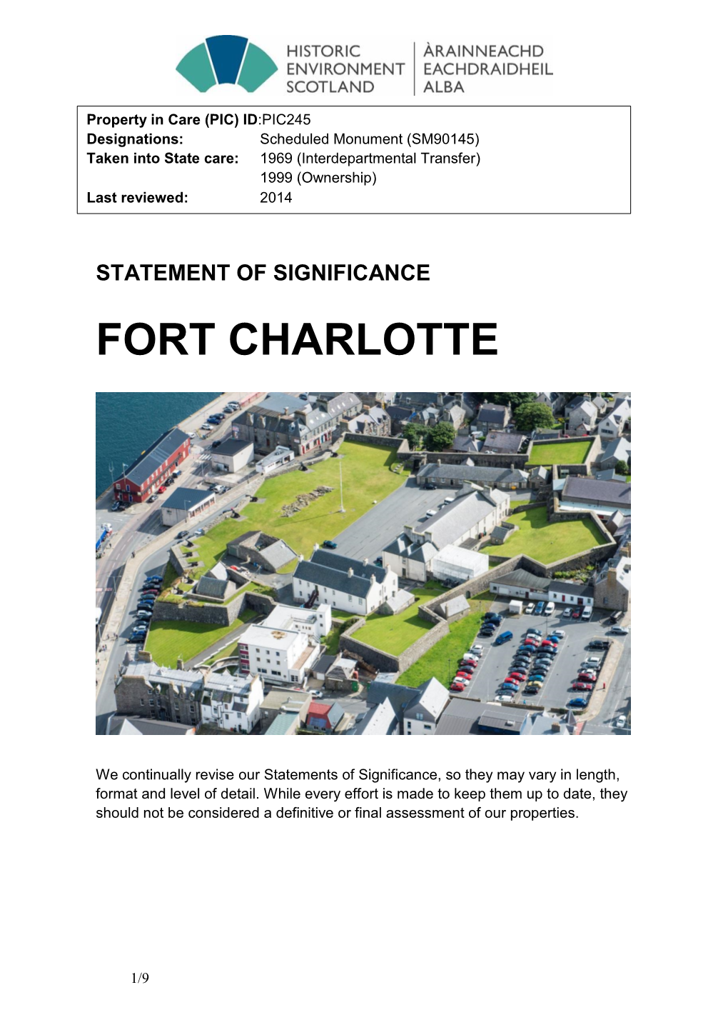 Fort Charlotte Statement of Significance