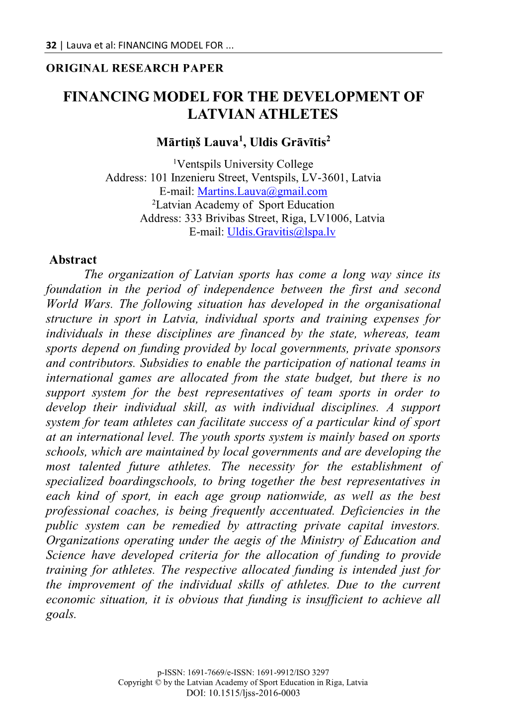 Financing Model for the Development of Latvian Athletes
