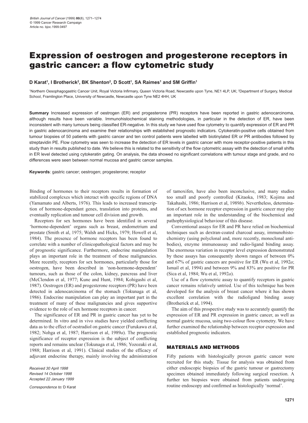 Expression of Oestrogen and Progesterone Receptors in Gastric