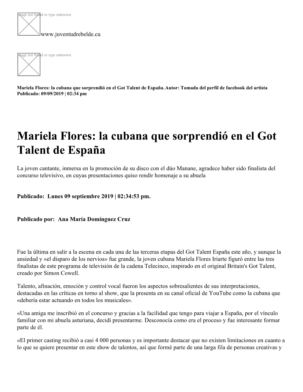 Mariela Flores: La Cubana Que Sorprendió En El Got Talent De España.Autor: Tomada Del Perfil De Facebook Del Artista Publicado: 09/09/2019 | 02:34 Pm