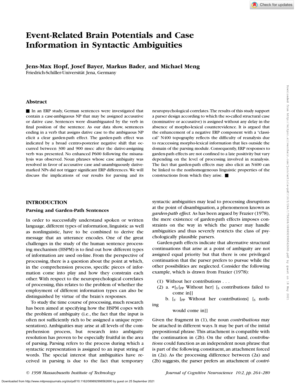 Event-Related Brain Potentials and Case Information in Syntactic Ambiguities