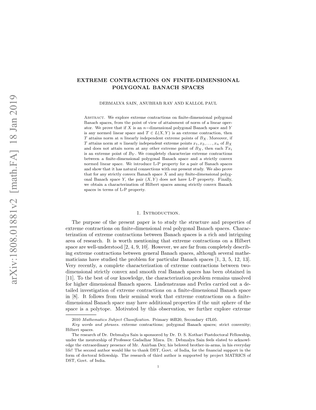 Arxiv:1808.01881V2 [Math.FA] 18 Jan 2019 Pc Sapltp.Mtvtdb Hsosrain Efrhrexp Further We Observation, This O by Contractions Motivated Extreme Unit the Polytope