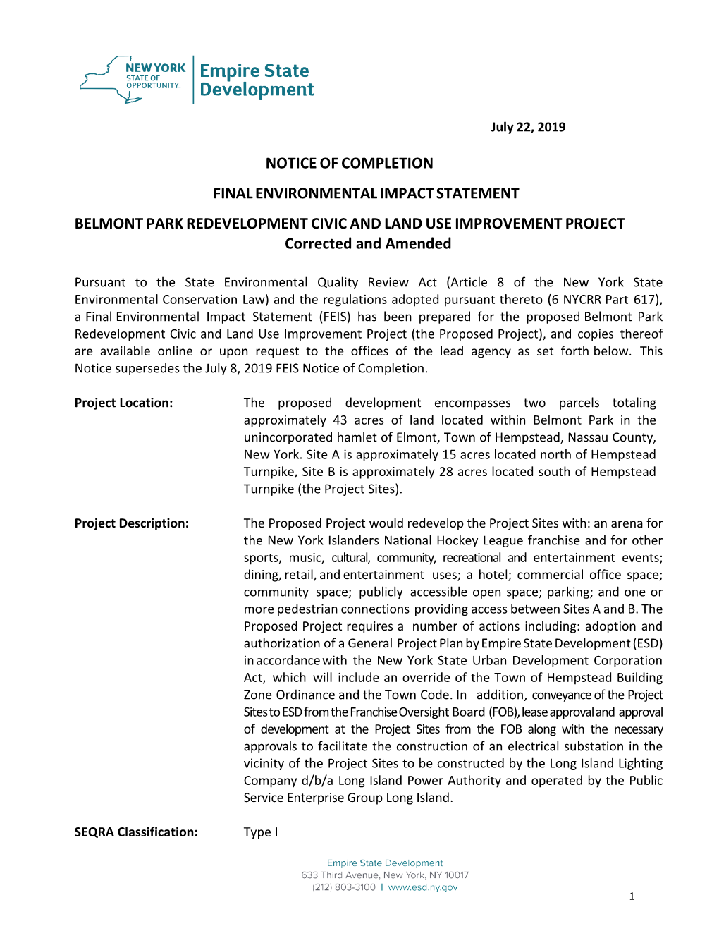 BELMONT PARK REDEVELOPMENT CIVIC and LAND USE IMPROVEMENT PROJECT Corrected and Amended