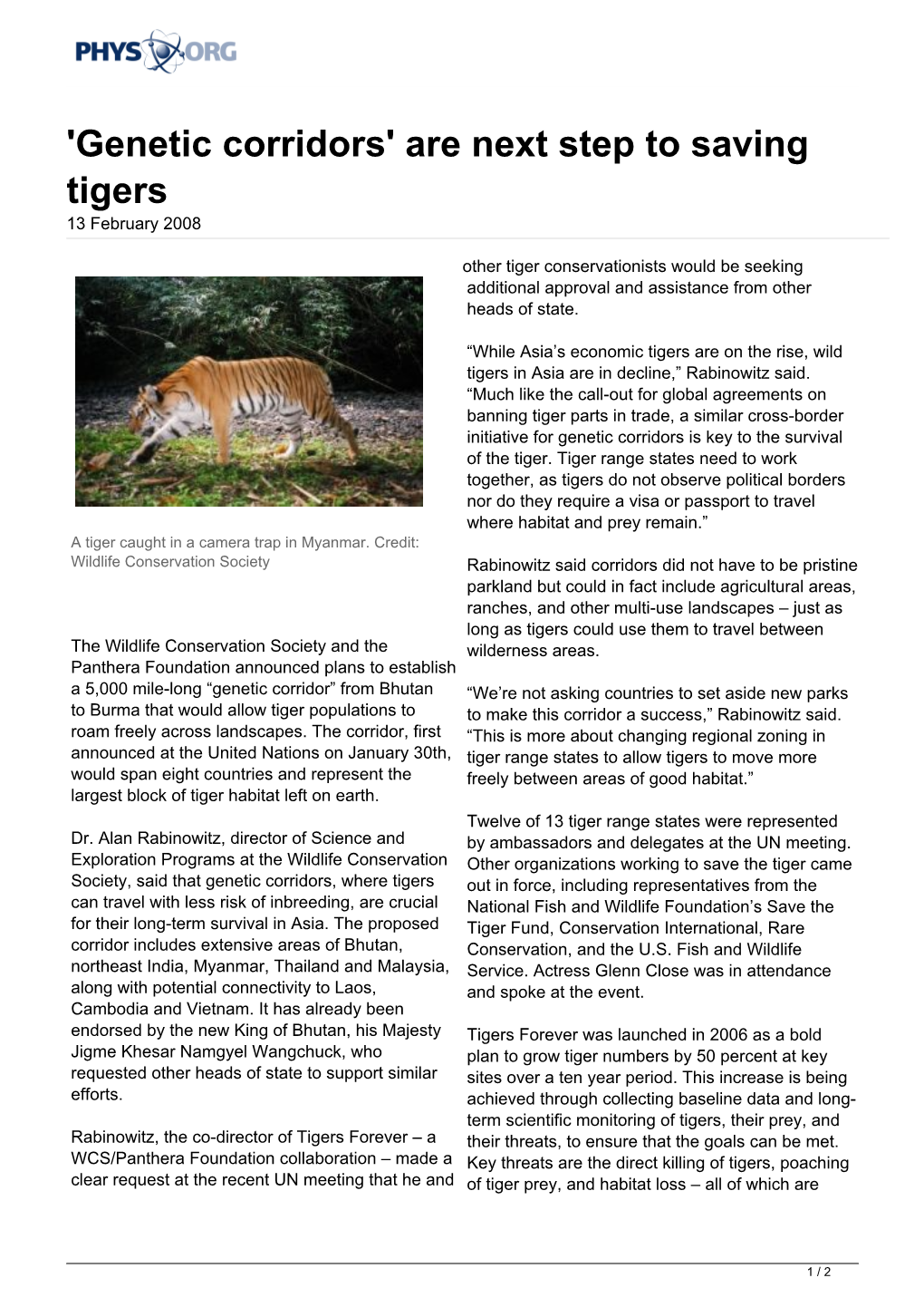 'Genetic Corridors' Are Next Step to Saving Tigers 13 February 2008