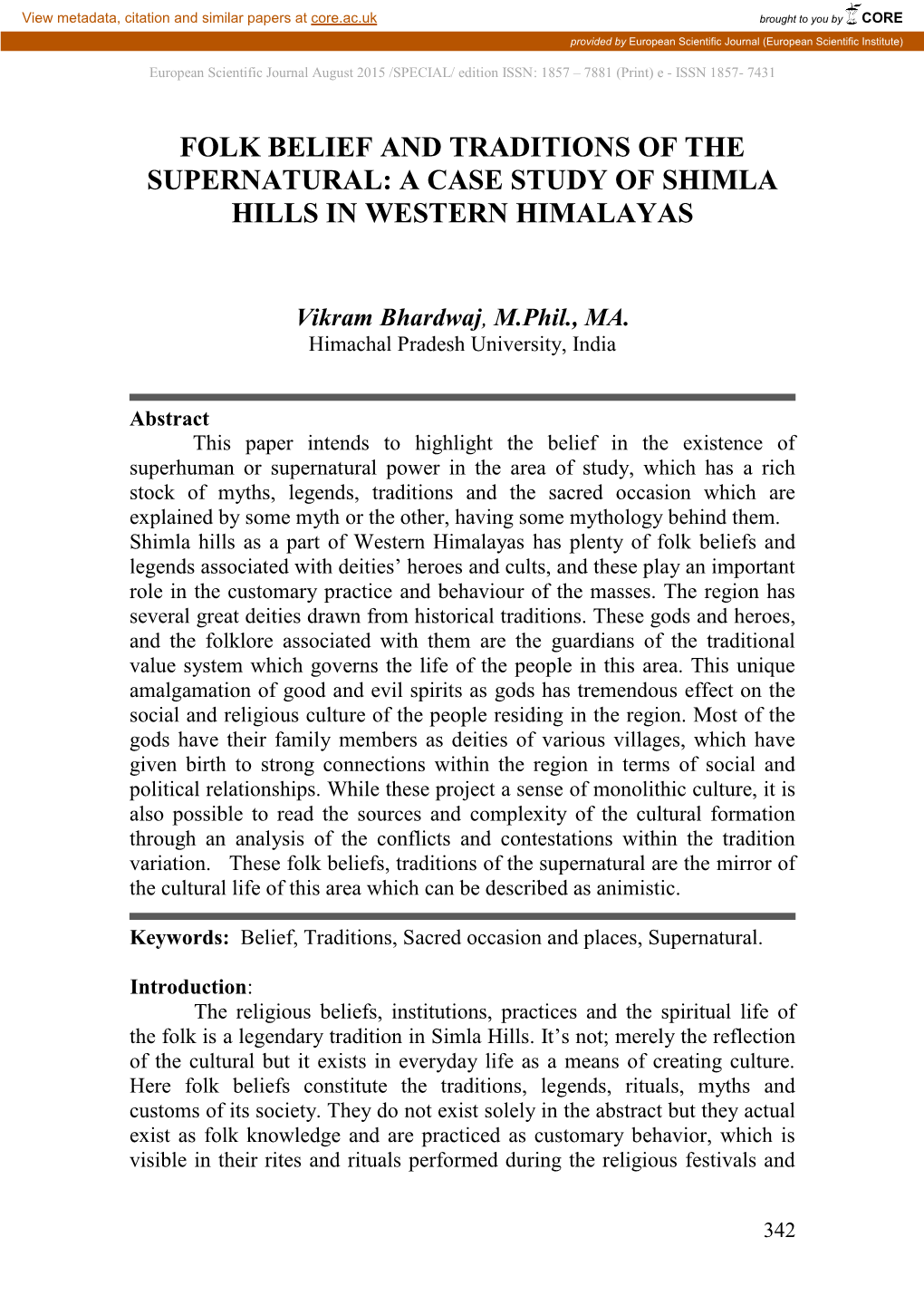 Folk Belief and Traditions of the Supernatural: a Case Study of Shimla Hills in Western Himalayas