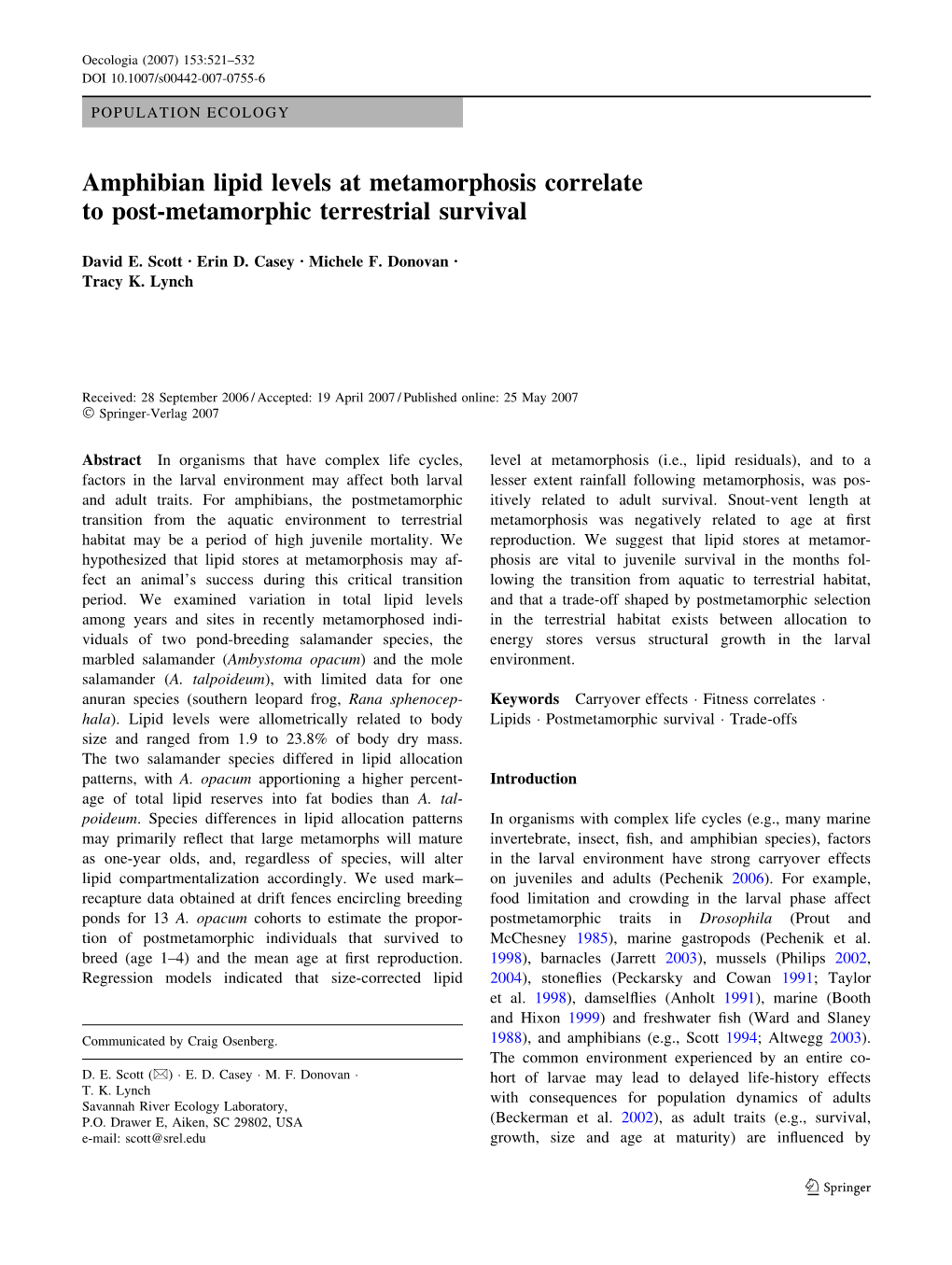 Amphibian Lipid Levels at Metamorphosis Correlate to Post-Metamorphic Terrestrial Survival