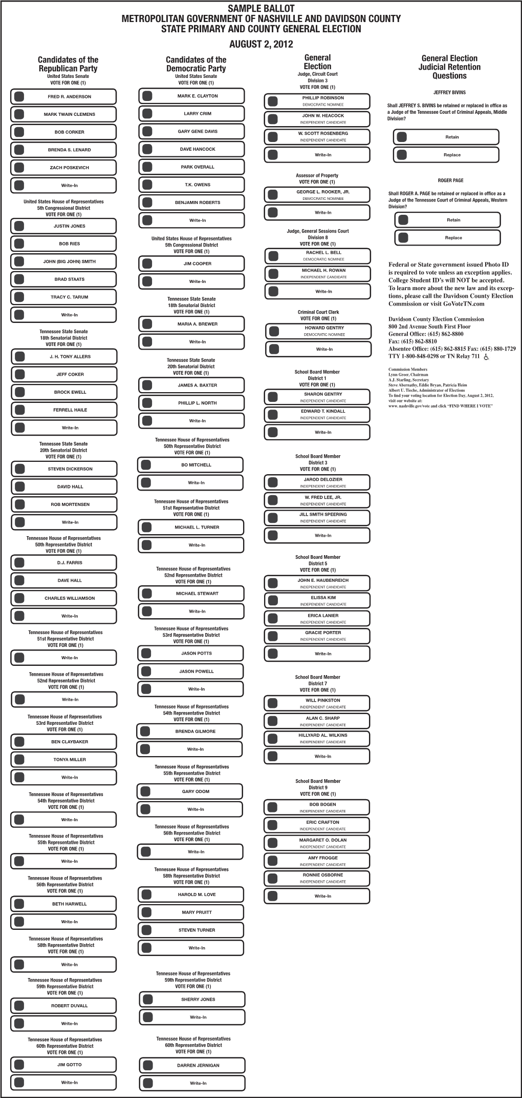 Sample Ballot Metropolitan Government of Nashville