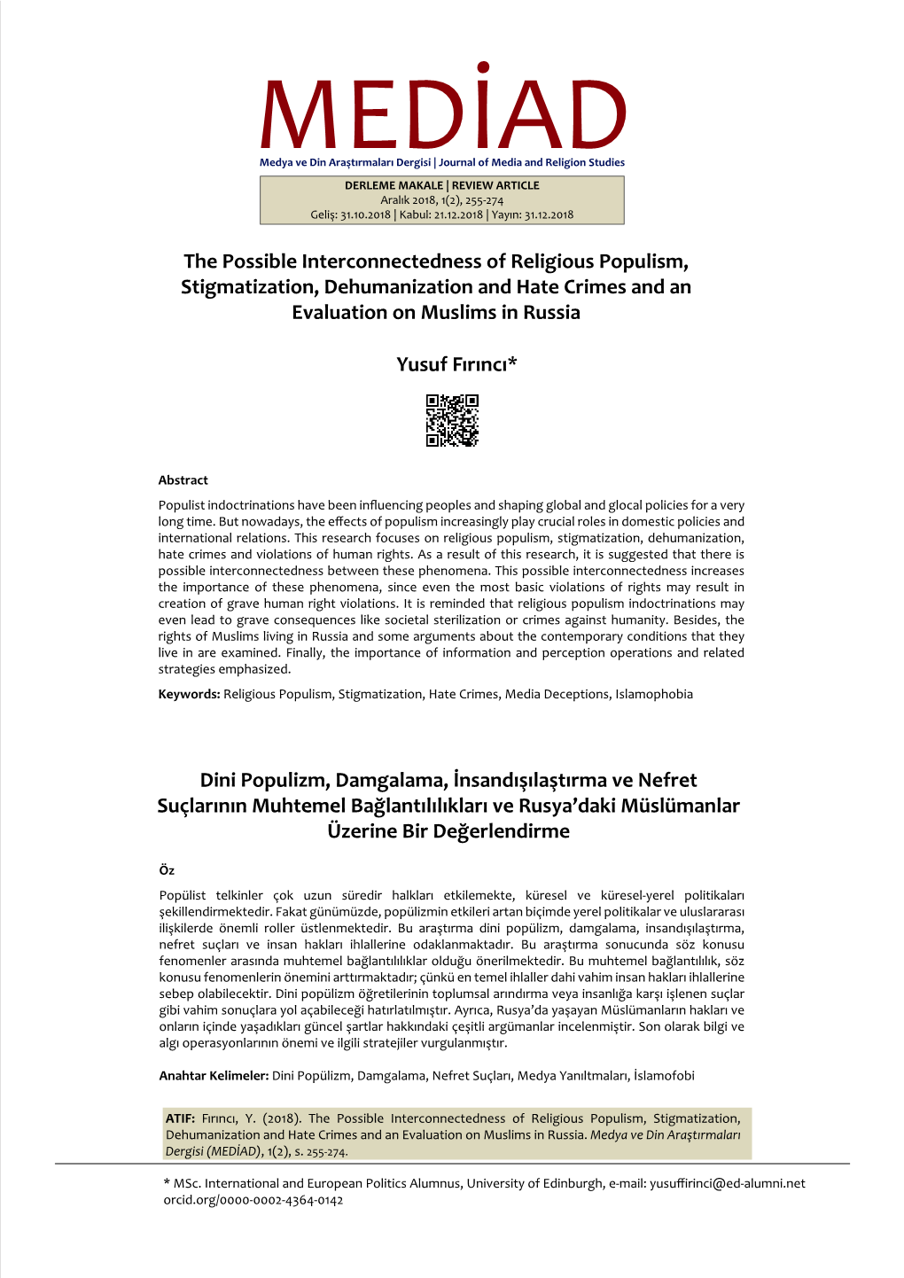 The Possible Interconnectedness of Religious Populism, Stigmatization, Dehumanization and Hate Crimes and an Evaluation on Muslims in Russia