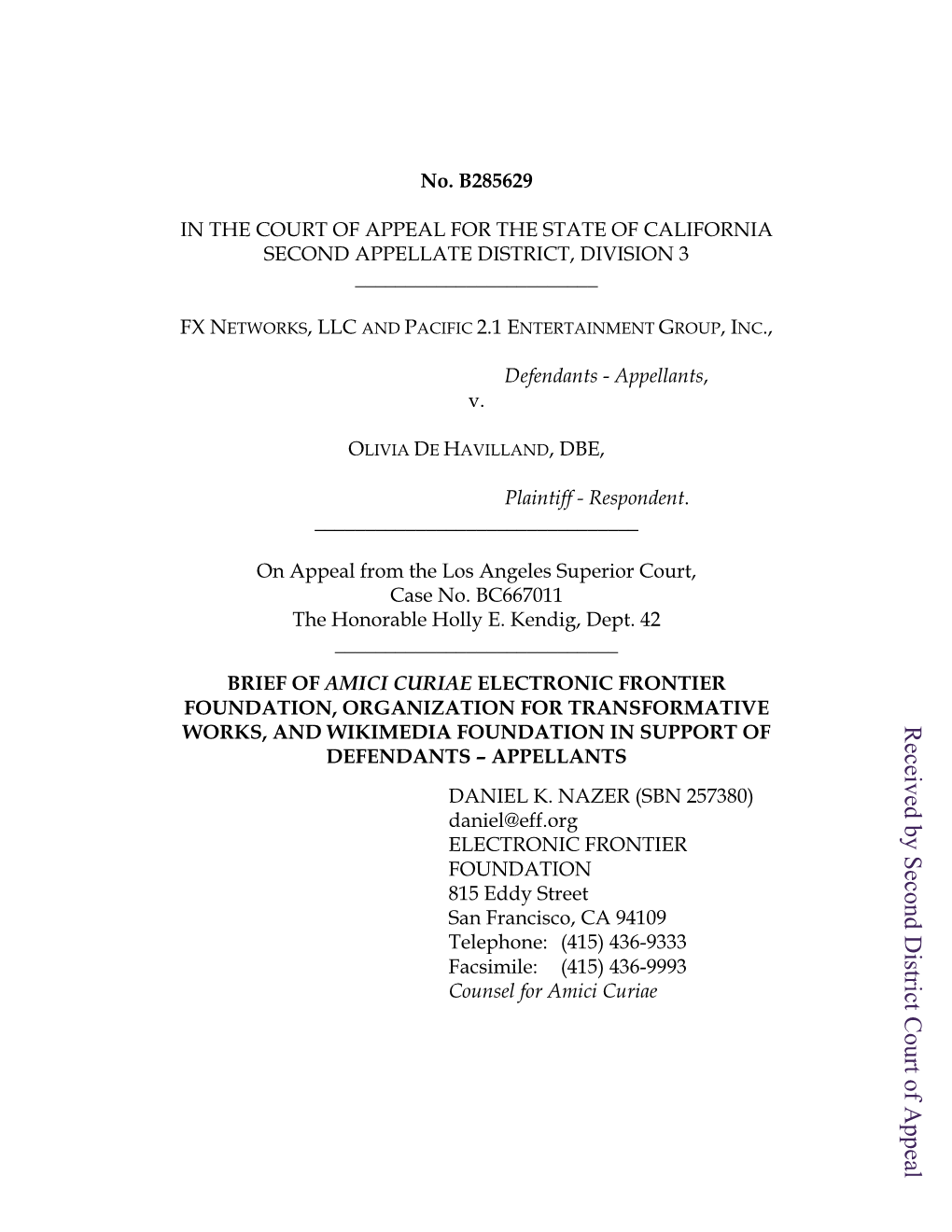 Amicus Brief, De Havilland V. FX