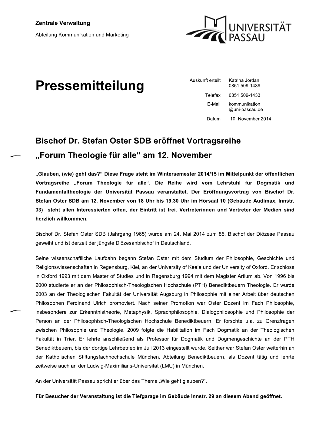 Bischof Dr. Stefan Oster SDB Eröffnet Vortragsreihe „Forum Theologie Für Alle“ Am 12