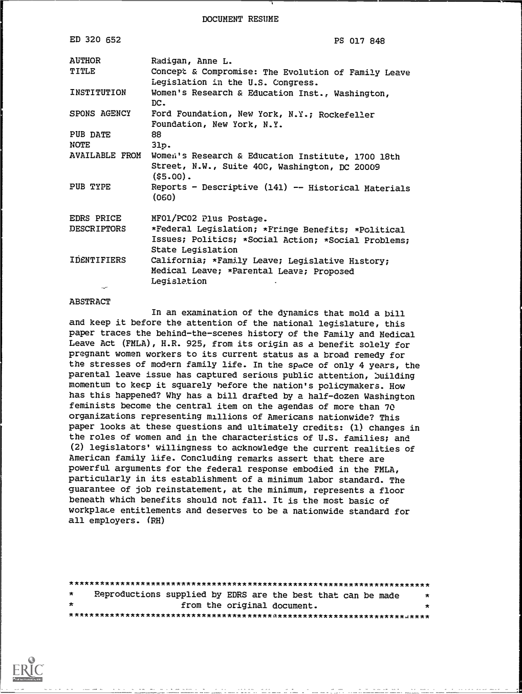 Concept & Compromise: the Evolution of Family Leave Legislation in the US Congress