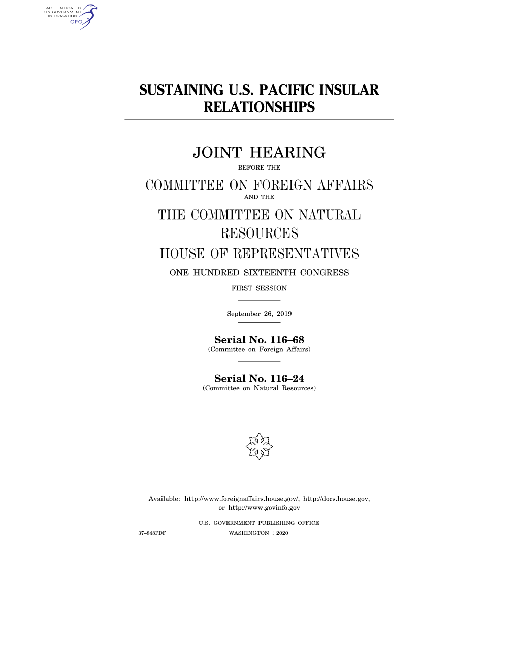 Sustaining U.S. Pacific Insular Relationships Joint Hearing