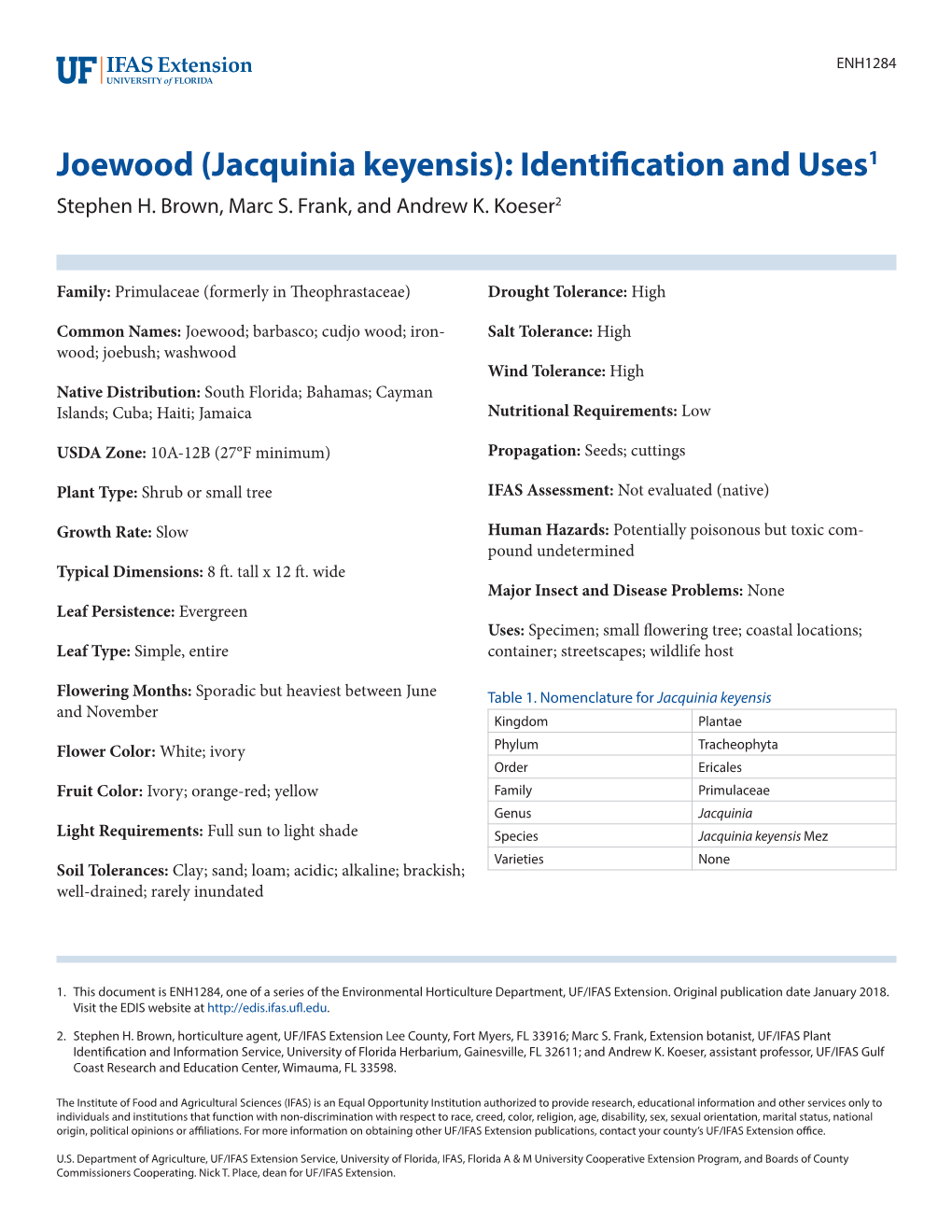 Joewood (Jacquinia Keyensis): Identification and Uses1 Stephen H