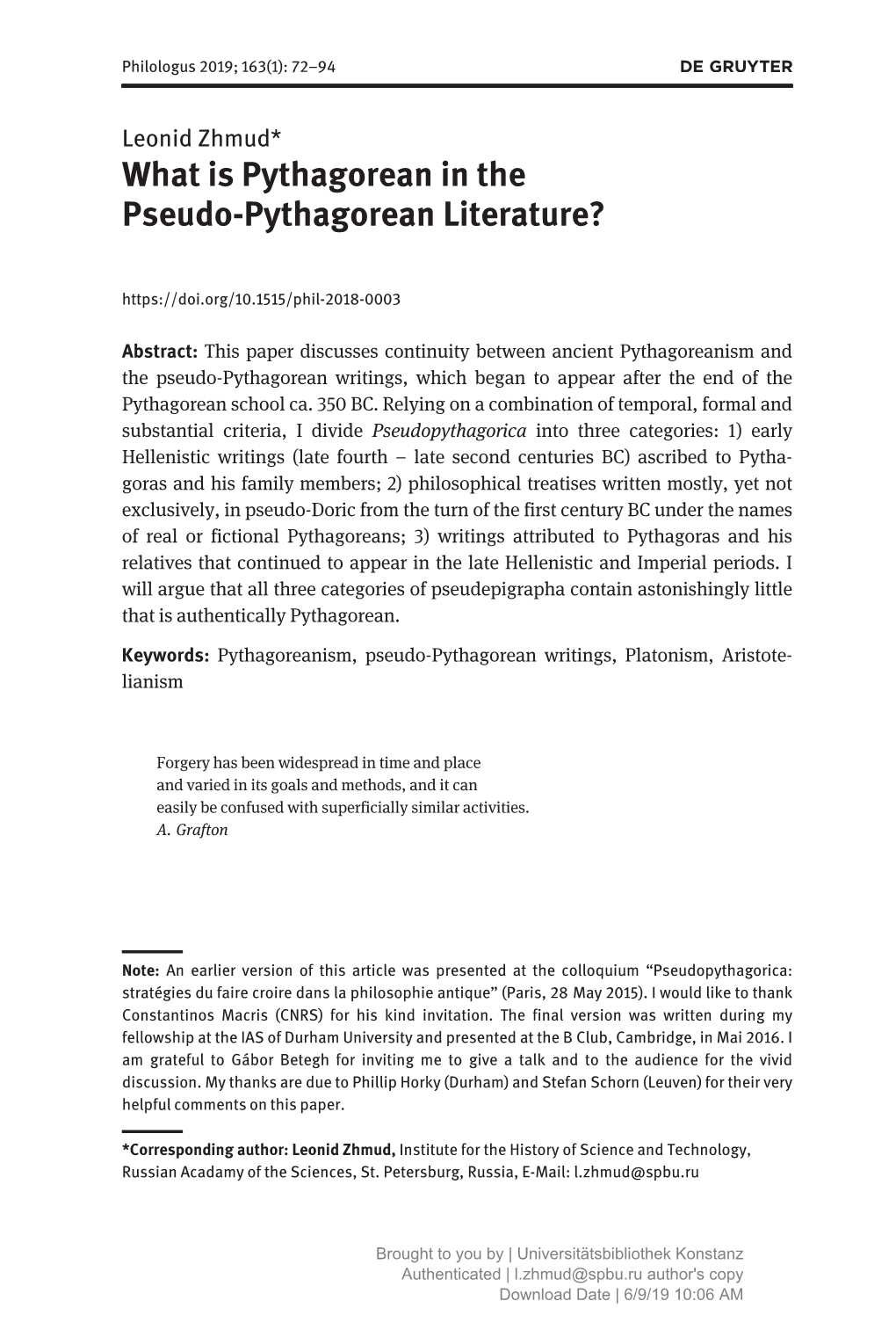 Download Date | 6/9/19 10:06 AM Pseudo-Pythagorean Literature 73