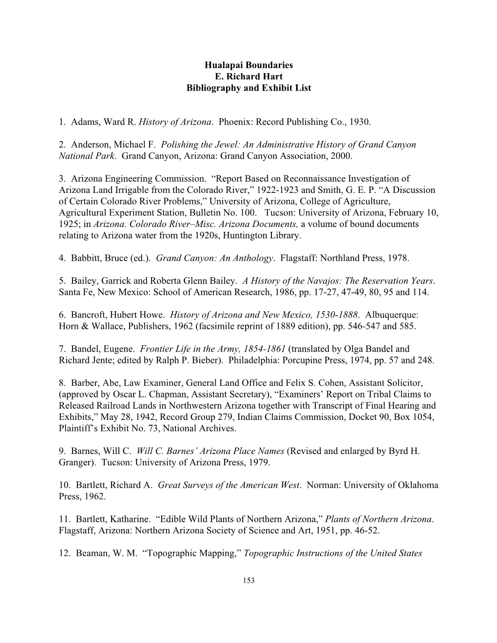 Hualapai Boundaries E. Richard Hart Bibliography and Exhibit List 1