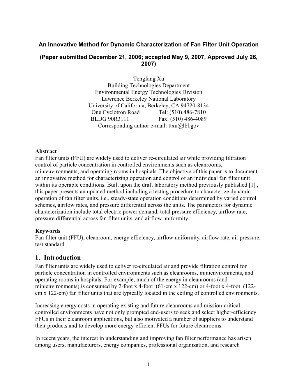 Standard Methods for Characterizing FFU Energy Performance