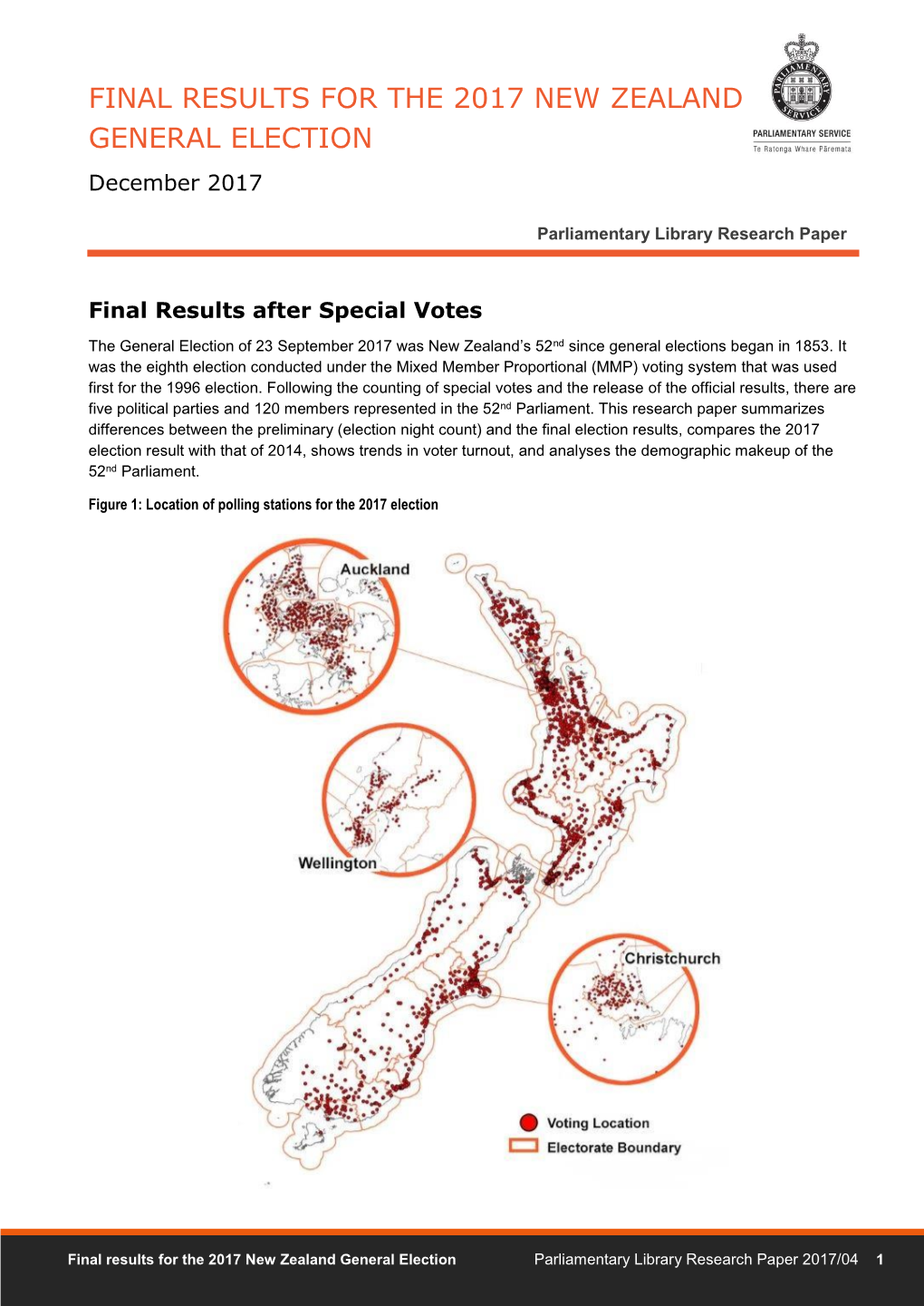 FINAL RESULTS for the 2017 NEW ZEALAND GENERAL ELECTION December 2017