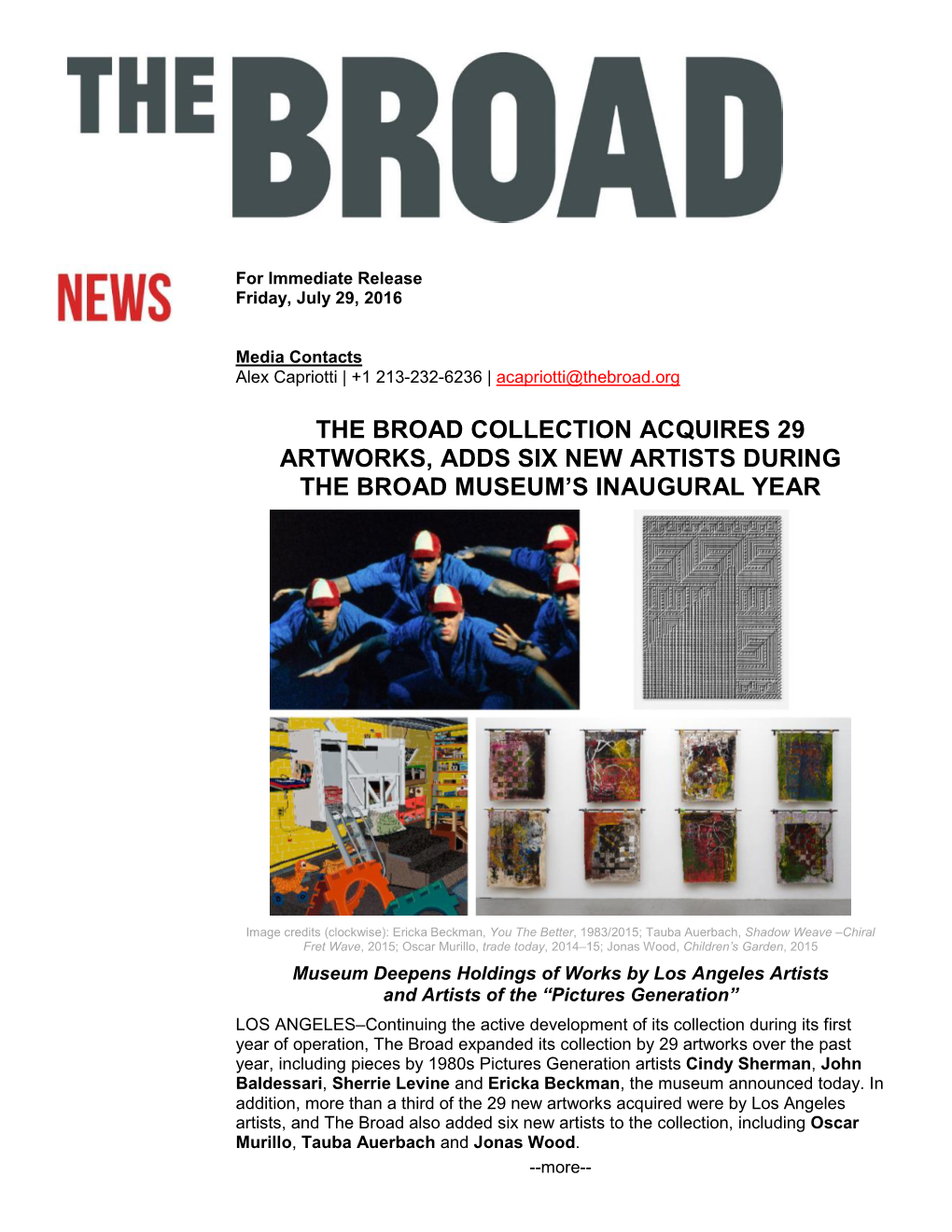 The Broad Collection Acquires 29 Artworks, Adds Six New Artists During the Broad Museum’S Inaugural Year