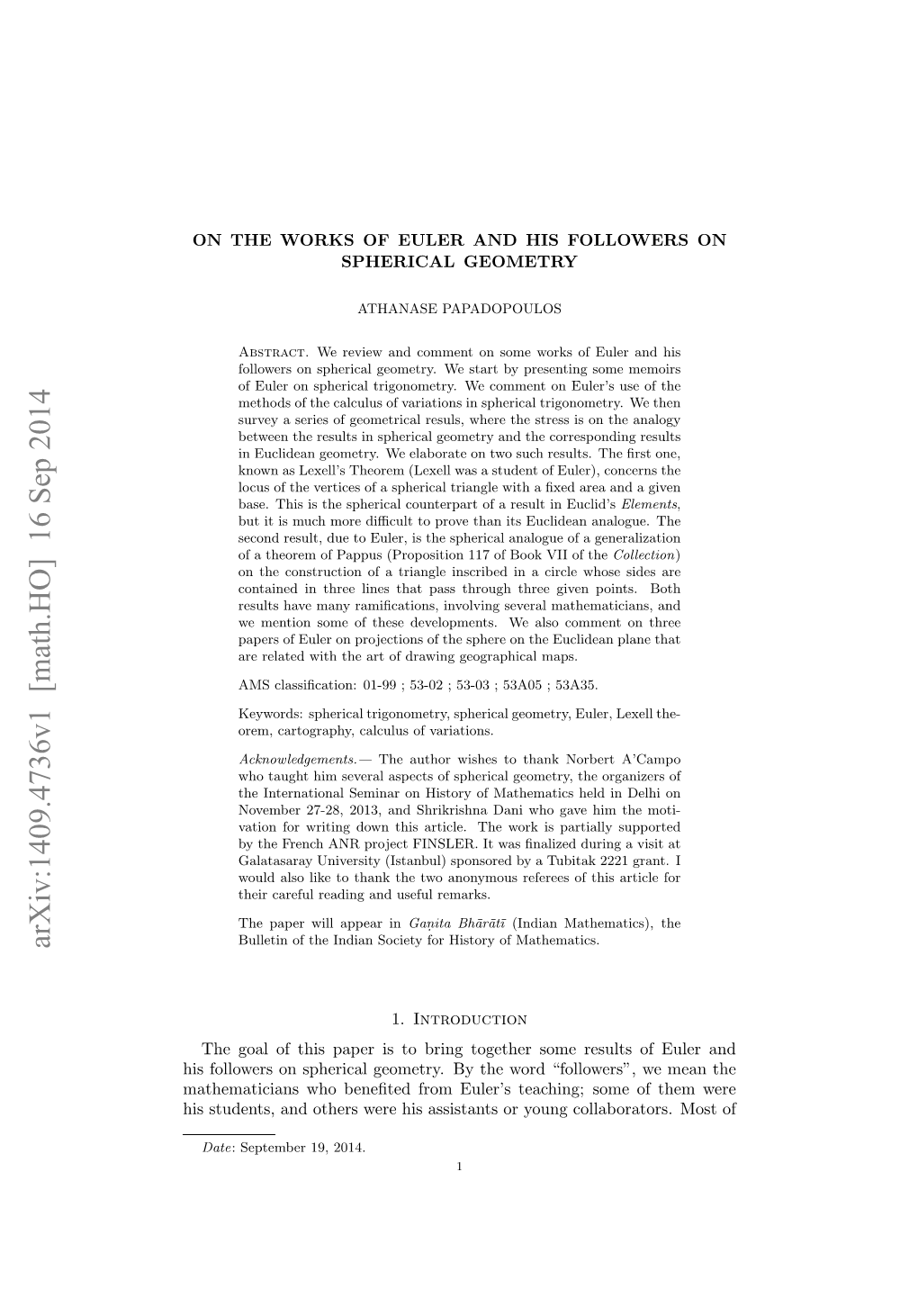 Arxiv:1409.4736V1 [Math.HO] 16 Sep 2014