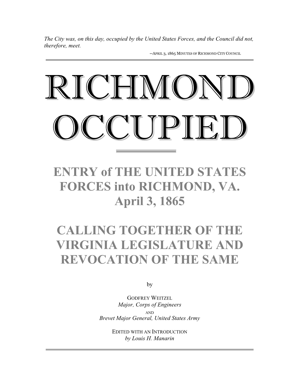 ENTRY of the UNITED STATES FORCES Into RICHMOND, VA