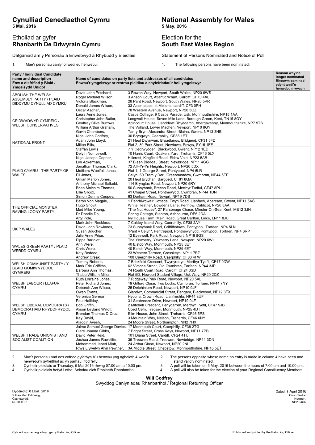 Draft Statement As to Persons Nominated