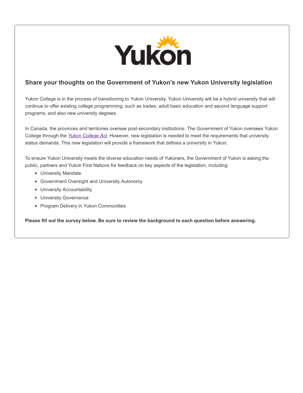 Share Your Thoughts on the Government of Yukon's New Yukon