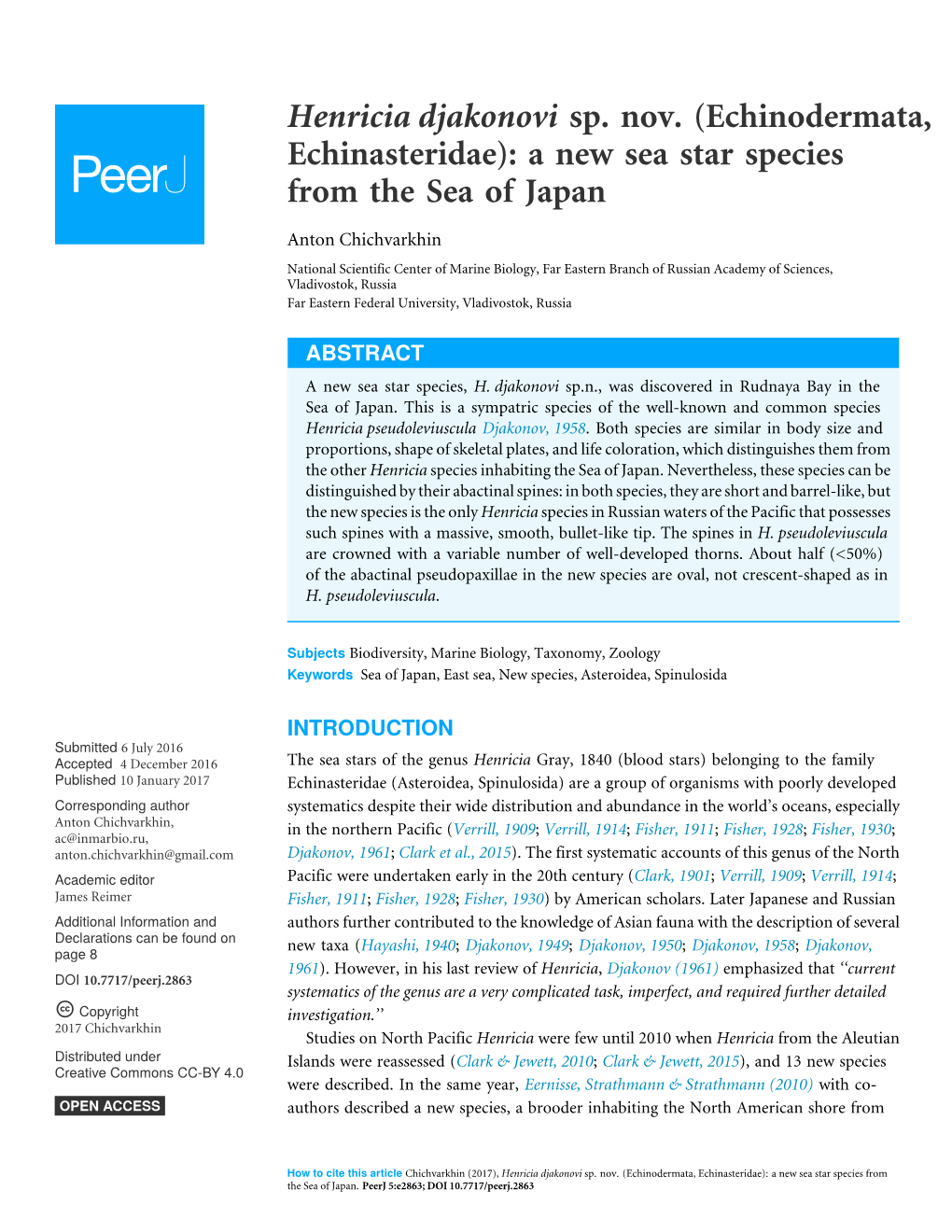 Henricia Djakonovi Sp. Nov. (Echinodermata, Echinasteridae): a New Sea Star Species from the Sea of Japan