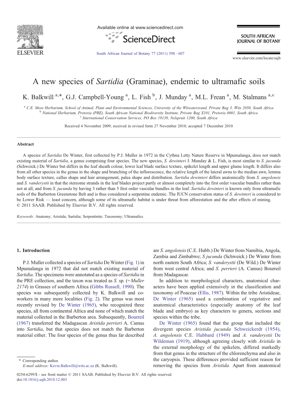 A New Species of Sartidia (Graminae), Endemic to Ultramafic Soils ⁎ K