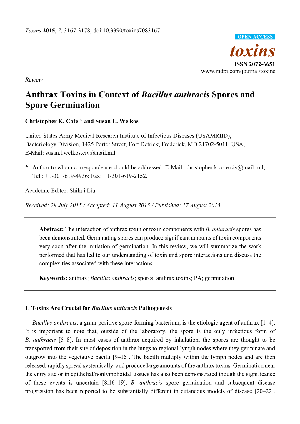 Anthrax Toxins in Context of Bacillus Anthracis Spores and Spore Germination