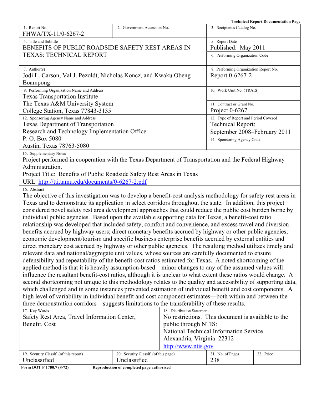 Fhwa/Tx-11/0-6267-2 Benefits of Public Roadside