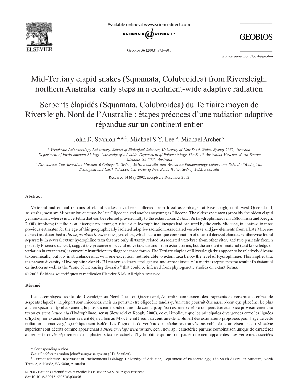 Mid-Tertiary Elapid Snakes (Squamata, Colubroidea)