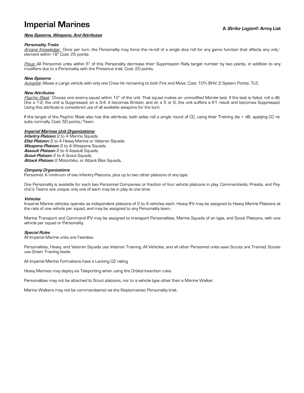 Imperial Marines a Strike Legion© Army List New Systems, Weapons, and Attributes