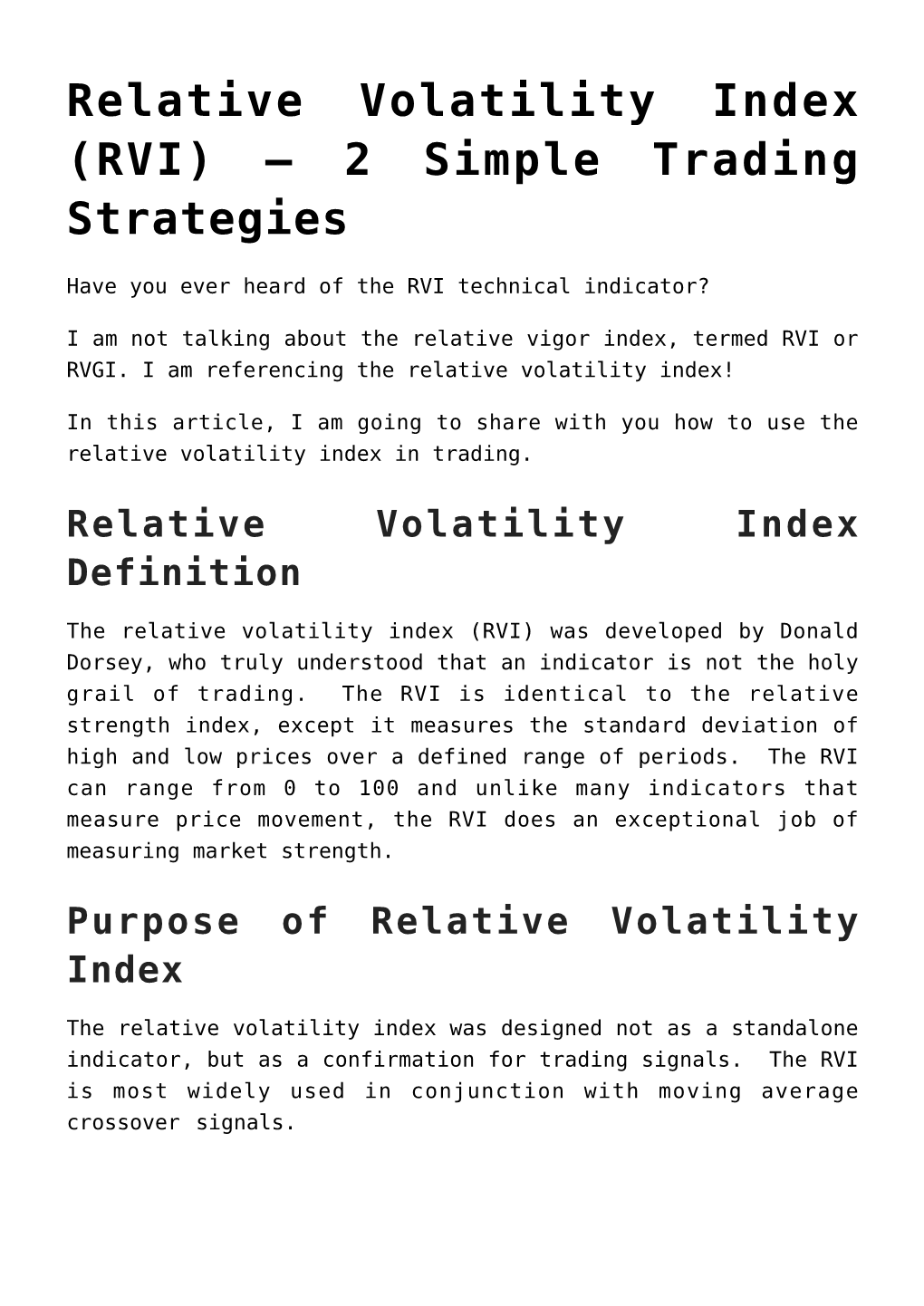 Relative Volatility Index (RVI) – 2 Simple Trading Strategies