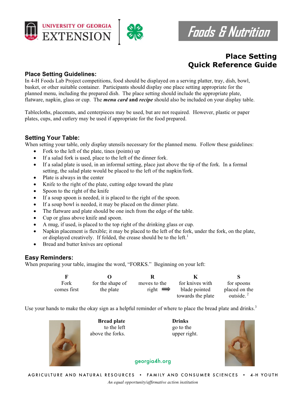 Place Setting Quick Reference Guide